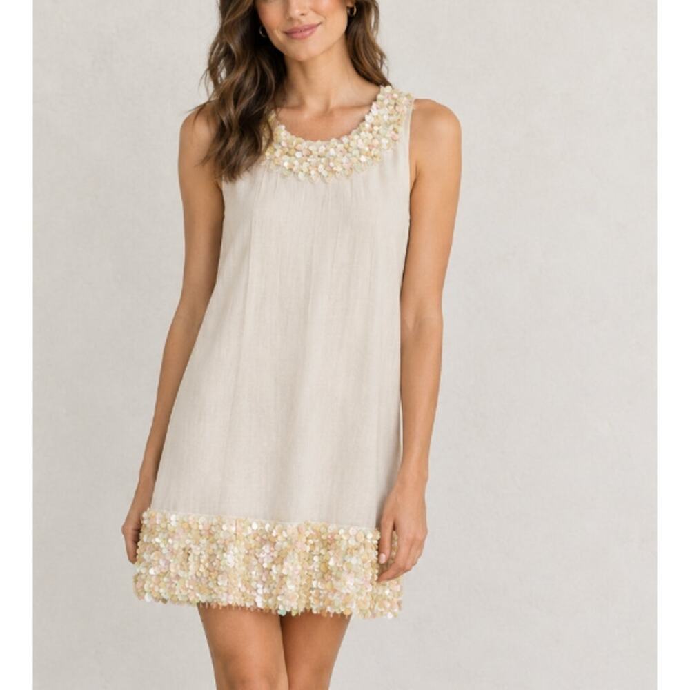 Betsey Johnson Evening Silk Mini Dress Beaded Sequin Cream 12